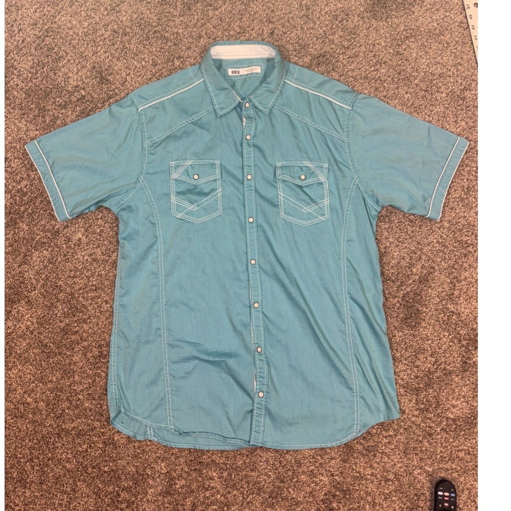 BKE Mens Athletic Fit Short Sleeve Snap Western Shirt Teal Blue XL Contrast Pipe